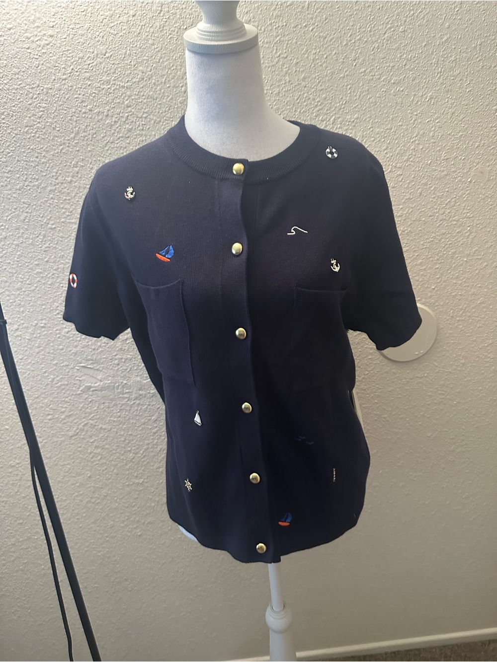 Navy Short-Sleeve Embroidered Button-Front Cardigan